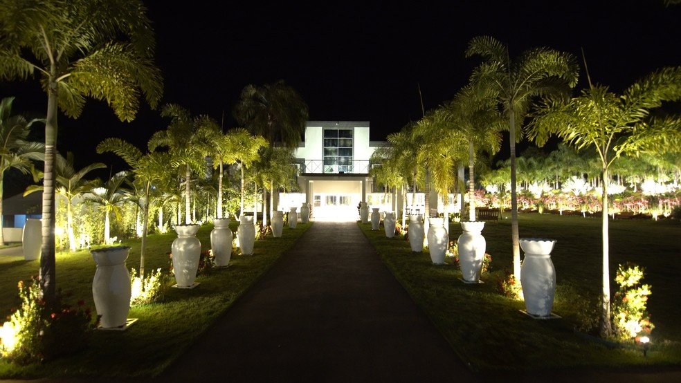 The garden path at night, glowing with lights